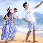 Family Matching 3/4-sleeve Maxi Dress/ Short-sleeve T-shirt/ Drawstring Shorts