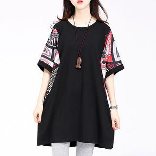 Short-sleeve Print Panel T-shirt Black - One Size