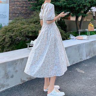 Short Sleeve Contrast Trim Floral Print Midi Dress