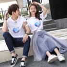 Couple Matching Set: Printed Short-sleeve T-shirt + Midi Mesh Skirt / Printed Short-sleeve T-shirt