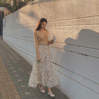 Tiered Floral Chiffon Maxi Skirt Ivory - One Size