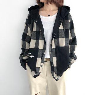 Hood Plaid Button Jacket Black - One Size