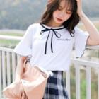 Lettering Bell-sleeve T-shirt / Pleated Plaid Mini A-line Skirt