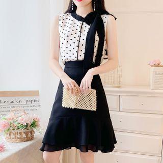 Set: Sleeveless Tie-neck Chiffon Blouse + Mermaid Skirt