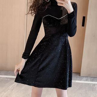 Mock Turtleneck Long-sleeve Velvet Mini A-line Dress