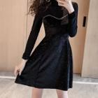 Mock Turtleneck Long-sleeve Velvet Mini A-line Dress