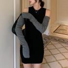 Two-tone Cold-shoulder Mini Bodycon Dress / Knit Top