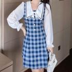 Long-sleeve Sailor Collar Plaid Panel A-line Dress