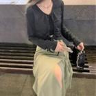 Long-sleeve Tie-front Crop Top / A-line Midi Skirt