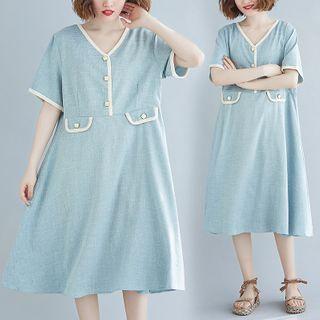 V-neck Short-sleeve Midi A-line Dress Light Blue - One Size