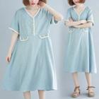 V-neck Short-sleeve Midi A-line Dress Light Blue - One Size