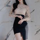 Long-sleeve Asymmetrical Lace Panel Sheath Dress