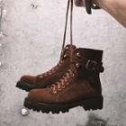 Genuine Leather Buckled Lace-up Short Boots