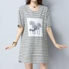 Tree Embroidered Applique Striped Short Sleeve T-shirt Dress