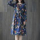 Long-sleeve Floral Print Linen Dress