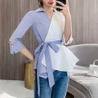 3/4-sleeve Striped Color Block Sashed Shirt