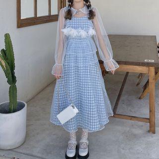 Strappy Plaid Midi A-line Dress / Sheer Top
