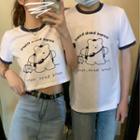 Couple Matching Short-sleeve Contrast Trim Bear Printed Cropped T-shirt