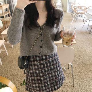 Set: V-neck Cardigan + Plaid Mini A-line Skirt