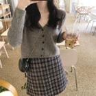Set: V-neck Cardigan + Plaid Mini A-line Skirt