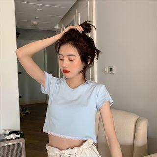 Lace Trim Short-sleeve Cropped T-shirt
