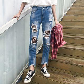 Mesh Panel Distressed Washed Jeans