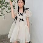 Puff-sleeve Bow Mesh Mini A-line Dress / Chain
