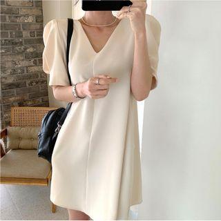 Short-sleeve V-neck A-line Dress Beige - One Size