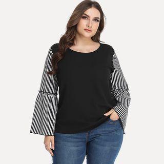 Plus Size Bell-sleeve Striped Panel Blouse