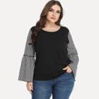 Plus Size Bell-sleeve Striped Panel Blouse