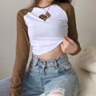 Long-sleeve Leopard Print Heart Cropped Raglan T-shirt