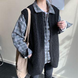 Fleece Panel Plaid Shirt Jacket Black & Gray - One Size