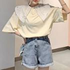 Elbow-sleeve Lace Collar T-shirt / Denim Shorts / Set