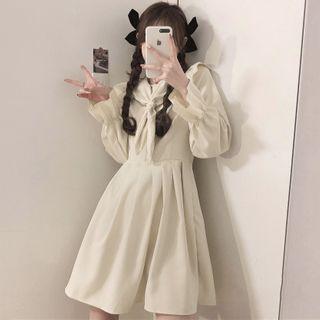 Long-sleeve Sailor Collar Mini A-line Dress White - One Size