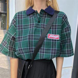 Plaid Lettering Print Polo Collar T-shirt