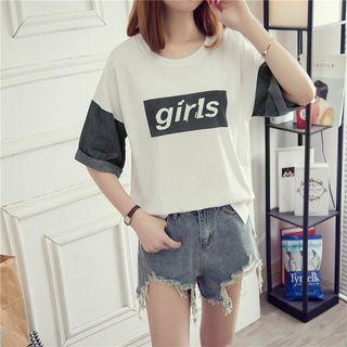 Elbow-sleeve Panel Slit-side T-shirt