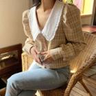 Frilled-collar Puff-sleeve Cropped Tweed Blouse