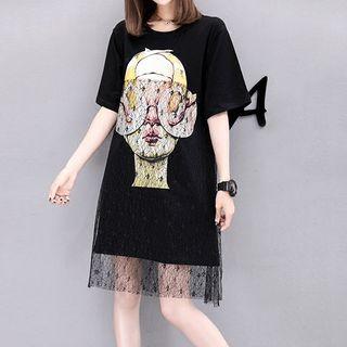 Short-sleeve Lace Panel Printed T-shirt Dress