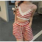 Set: Striped Cropped Camisole Top + Short Set - Stripes - Red & White - One Size