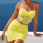 Set: Plain Halter Cropped Camisole + Plain High Waist Mini Dress