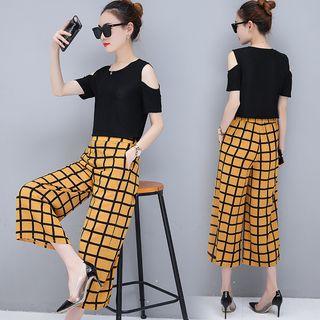 Set: Cutout Shoulder Top + Check Pants
