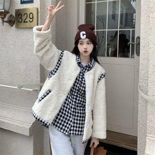 Faux Shearling-sleeve Plaid Shirt Jacket / Plain Faux Shearling Vest