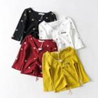 3/4-sleeve Drawstring Floral Embroidered Crop Top