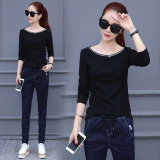 Long-sleeve Contrast Stripe Boatneck Top