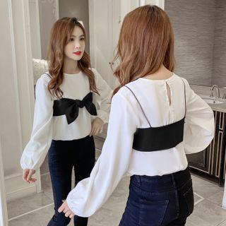 Set: Balloon-sleeve Blouse + Ribbon Cropped Camisole Top