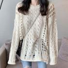 Long-sleeve Distressed Pointelle Knit Top