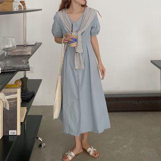 Mock Two-piece Puff-sleeve Midi A-line Dress As Shown In Figure - One Size