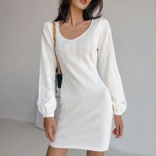 Eyelet U-neck Knit Mini Dress