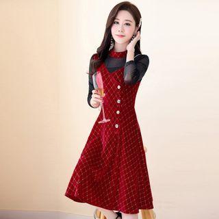 Long-sleeve Paneled Argyle Print A-line Dress