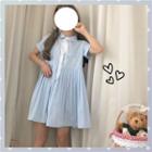 Bow Tie Short-sleeve A-line Pleated Dress Blue - One Size